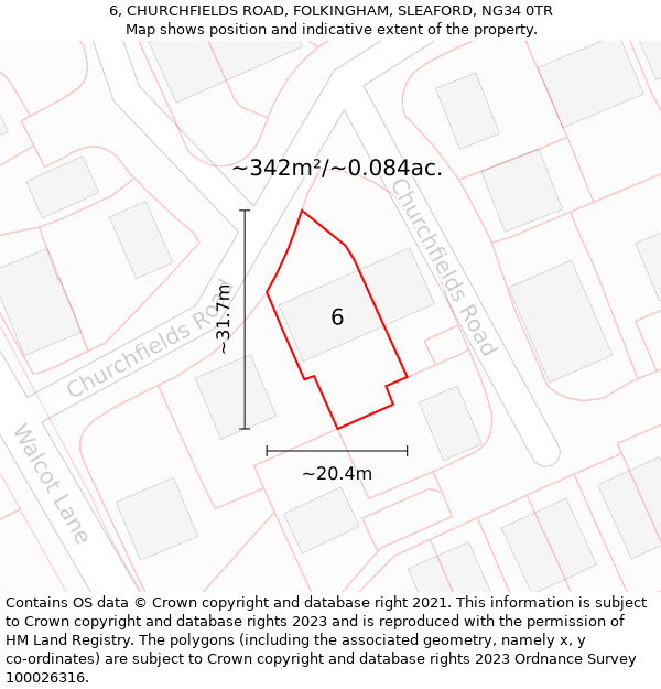 6, CHURCHFIELDS ROAD, FOLKINGHAM, SLEAFORD, NG34 0TR: Plot and title map