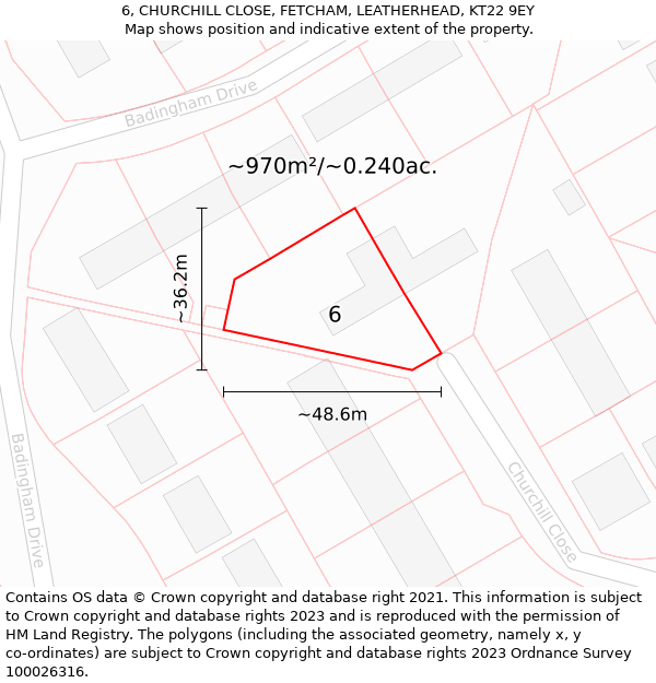 6, CHURCHILL CLOSE, FETCHAM, LEATHERHEAD, KT22 9EY: Plot and title map