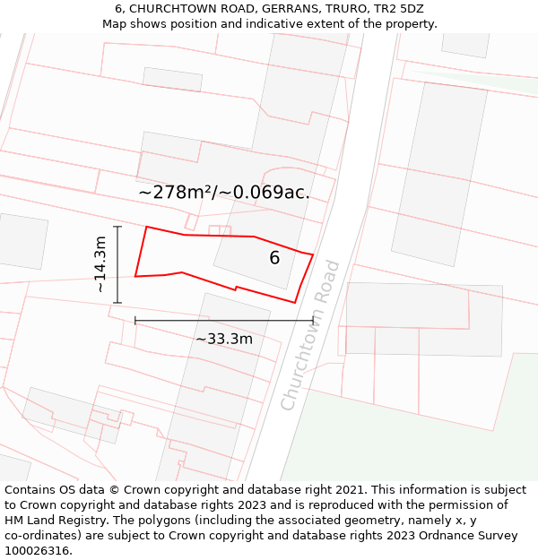 6, CHURCHTOWN ROAD, GERRANS, TRURO, TR2 5DZ: Plot and title map