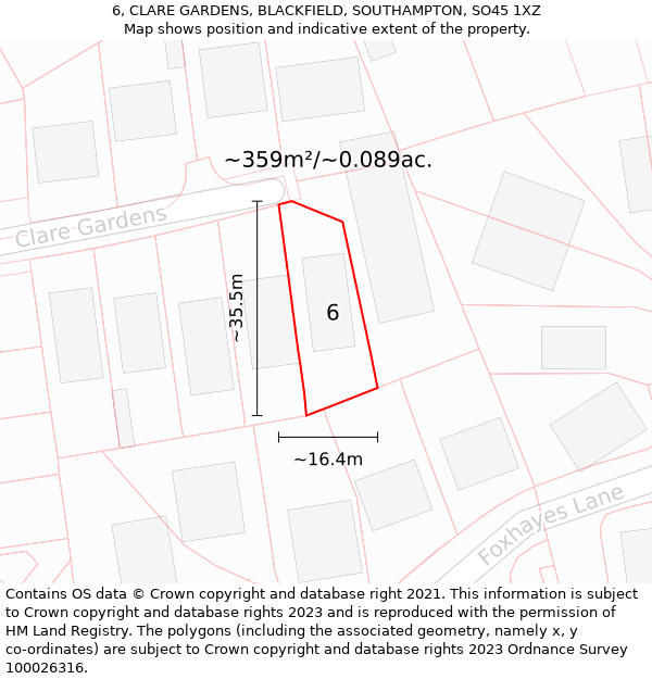 6, CLARE GARDENS, BLACKFIELD, SOUTHAMPTON, SO45 1XZ: Plot and title map