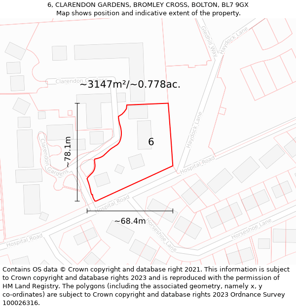 6, CLARENDON GARDENS, BROMLEY CROSS, BOLTON, BL7 9GX: Plot and title map