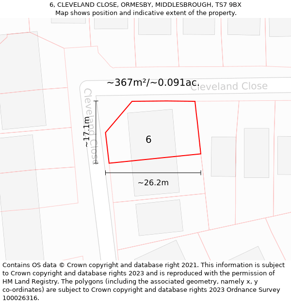 6, CLEVELAND CLOSE, ORMESBY, MIDDLESBROUGH, TS7 9BX: Plot and title map