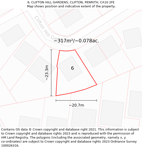 6, CLIFTON HILL GARDENS, CLIFTON, PENRITH, CA10 2FE: Plot and title map