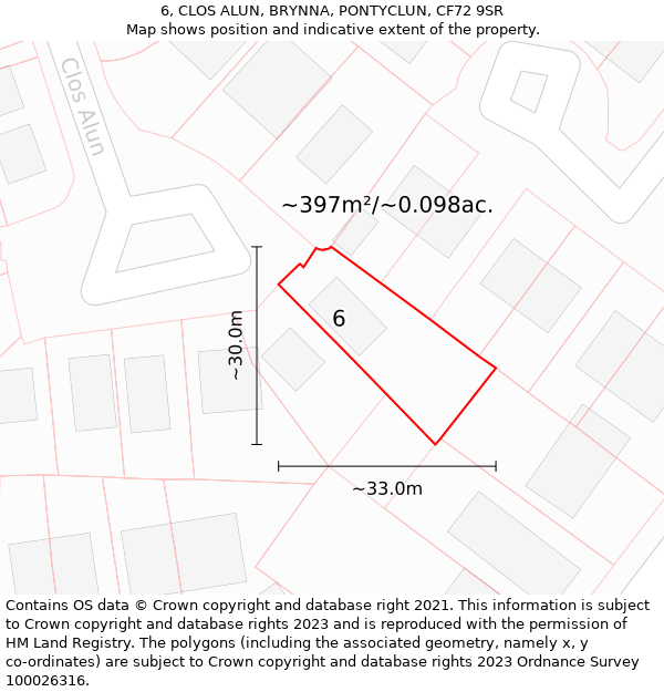 6, CLOS ALUN, BRYNNA, PONTYCLUN, CF72 9SR: Plot and title map