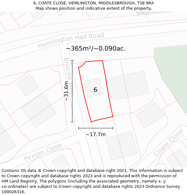 6, COATE CLOSE, HEMLINGTON, MIDDLESBROUGH, TS8 9RA: Plot and title map