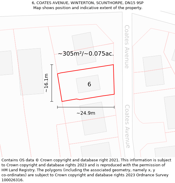 6, COATES AVENUE, WINTERTON, SCUNTHORPE, DN15 9SP: Plot and title map