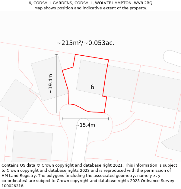 6, CODSALL GARDENS, CODSALL, WOLVERHAMPTON, WV8 2BQ: Plot and title map