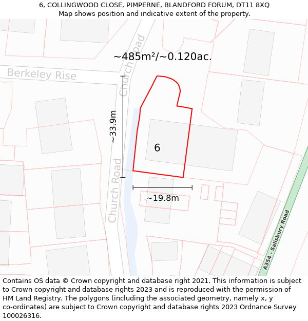 6, COLLINGWOOD CLOSE, PIMPERNE, BLANDFORD FORUM, DT11 8XQ: Plot and title map