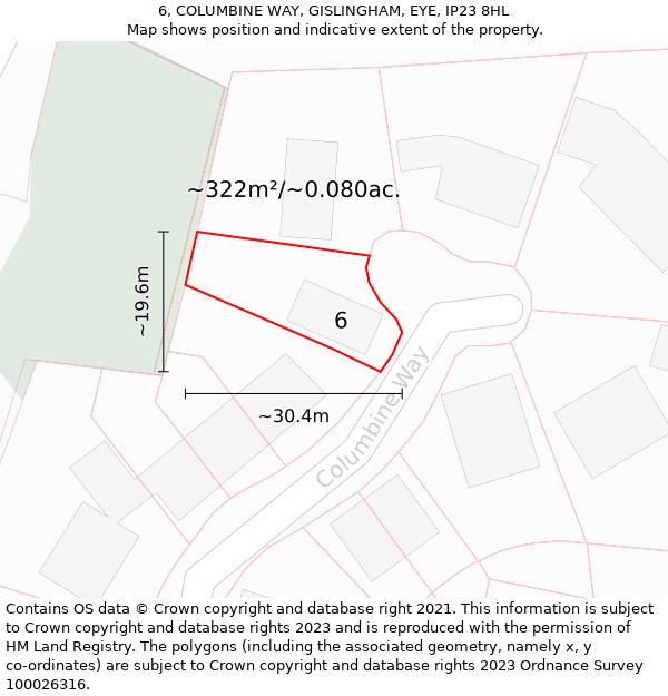 6, COLUMBINE WAY, GISLINGHAM, EYE, IP23 8HL: Plot and title map