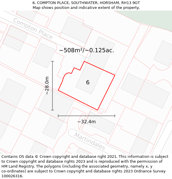 6, COMPTON PLACE, SOUTHWATER, HORSHAM, RH13 9GT: Plot and title map