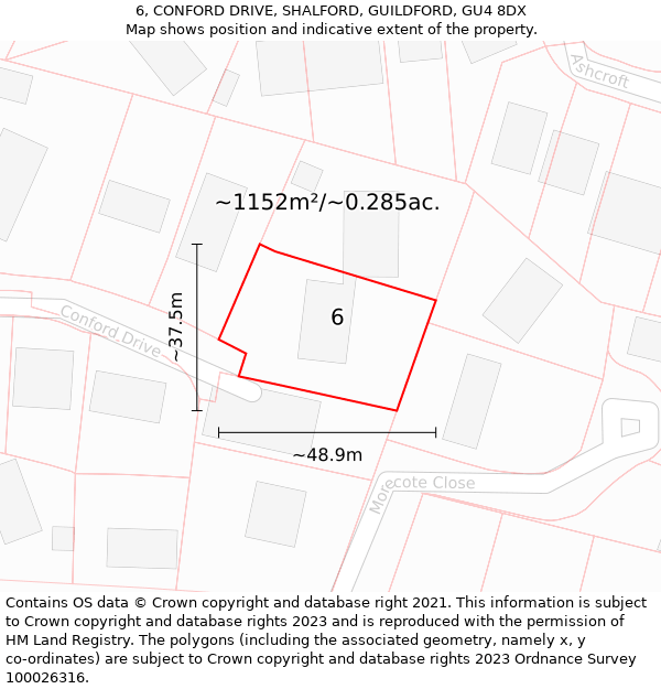 6, CONFORD DRIVE, SHALFORD, GUILDFORD, GU4 8DX: Plot and title map