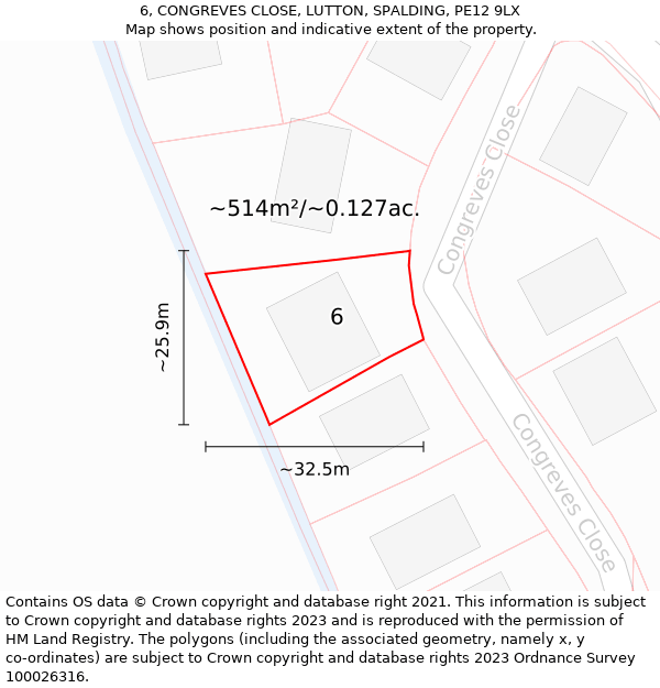 6, CONGREVES CLOSE, LUTTON, SPALDING, PE12 9LX: Plot and title map