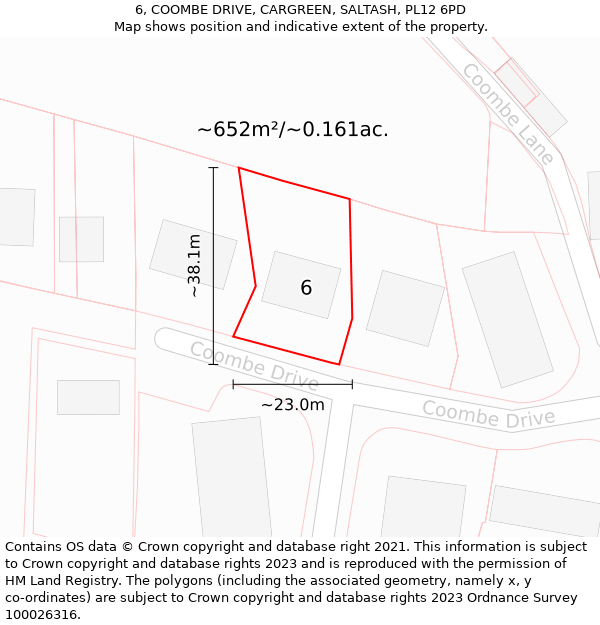 6, COOMBE DRIVE, CARGREEN, SALTASH, PL12 6PD: Plot and title map