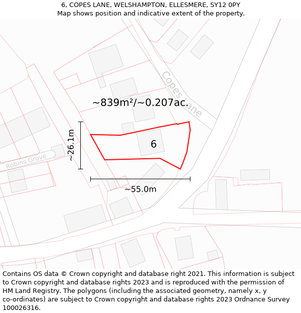 6, COPES LANE, WELSHAMPTON, ELLESMERE, SY12 0PY: Plot and title map