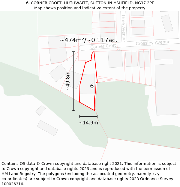 6, CORNER CROFT, HUTHWAITE, SUTTON-IN-ASHFIELD, NG17 2PF: Plot and title map