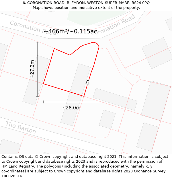 6, CORONATION ROAD, BLEADON, WESTON-SUPER-MARE, BS24 0PQ: Plot and title map