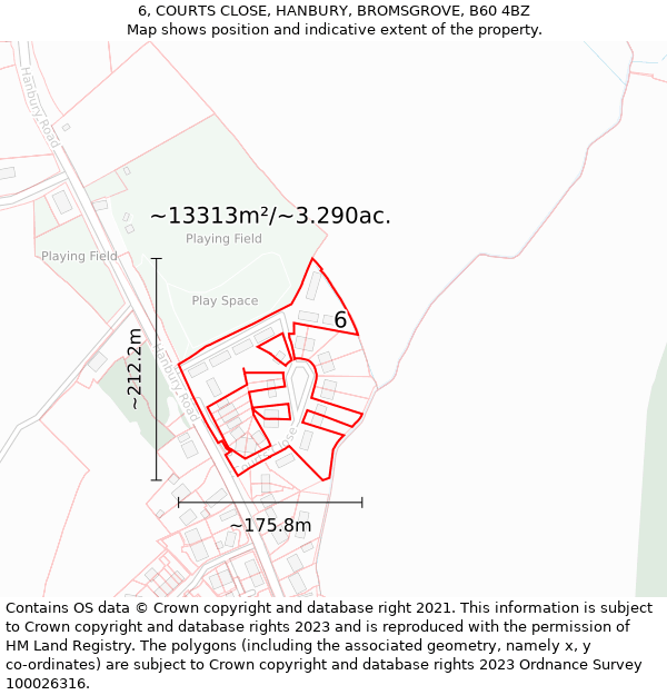 6, COURTS CLOSE, HANBURY, BROMSGROVE, B60 4BZ: Plot and title map