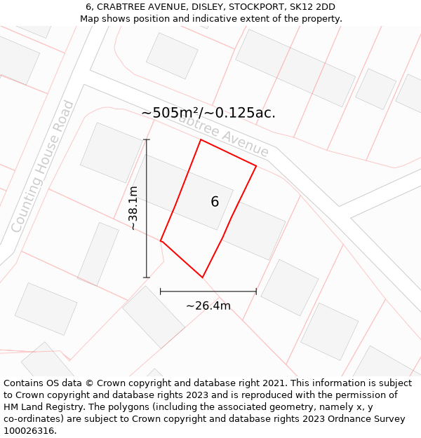 6, CRABTREE AVENUE, DISLEY, STOCKPORT, SK12 2DD: Plot and title map