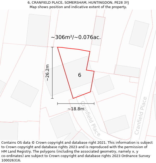 6, CRANFIELD PLACE, SOMERSHAM, HUNTINGDON, PE28 3YJ: Plot and title map