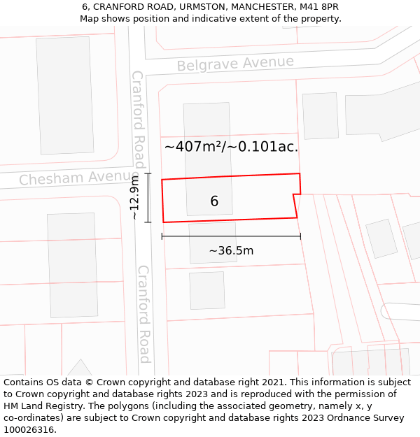 6, CRANFORD ROAD, URMSTON, MANCHESTER, M41 8PR: Plot and title map