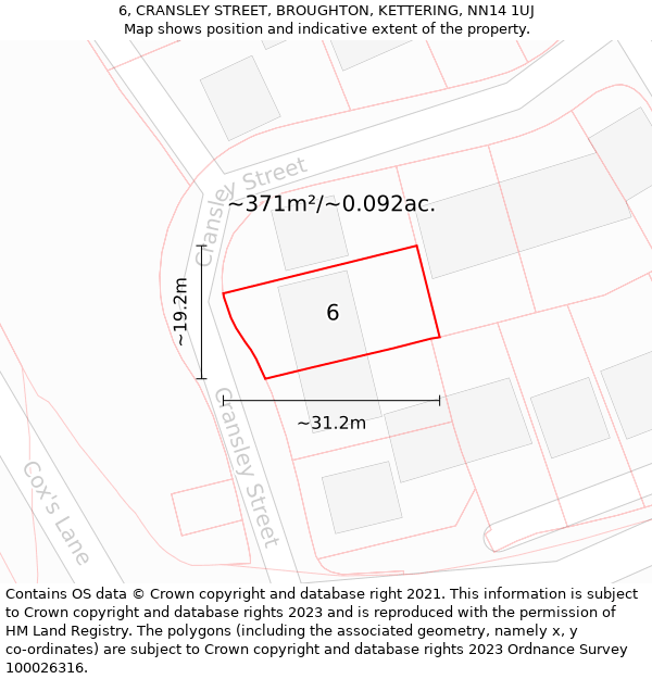 6, CRANSLEY STREET, BROUGHTON, KETTERING, NN14 1UJ: Plot and title map