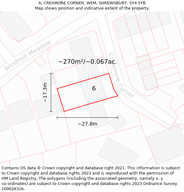 6, CREAMORE CORNER, WEM, SHREWSBURY, SY4 5YB: Plot and title map