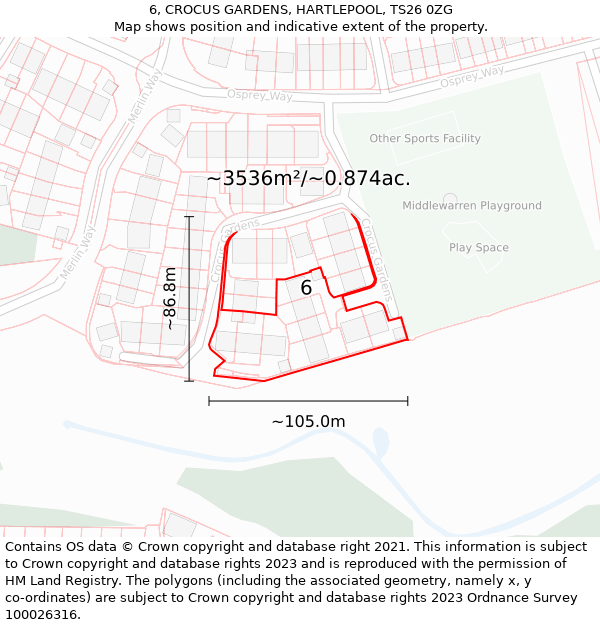 6, CROCUS GARDENS, HARTLEPOOL, TS26 0ZG: Plot and title map