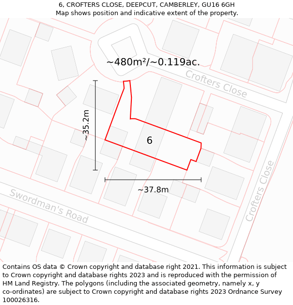 6, CROFTERS CLOSE, DEEPCUT, CAMBERLEY, GU16 6GH: Plot and title map