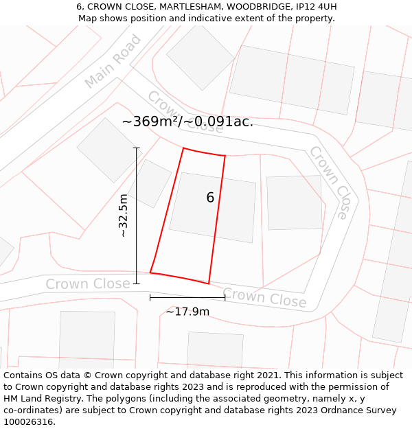 6, CROWN CLOSE, MARTLESHAM, WOODBRIDGE, IP12 4UH: Plot and title map