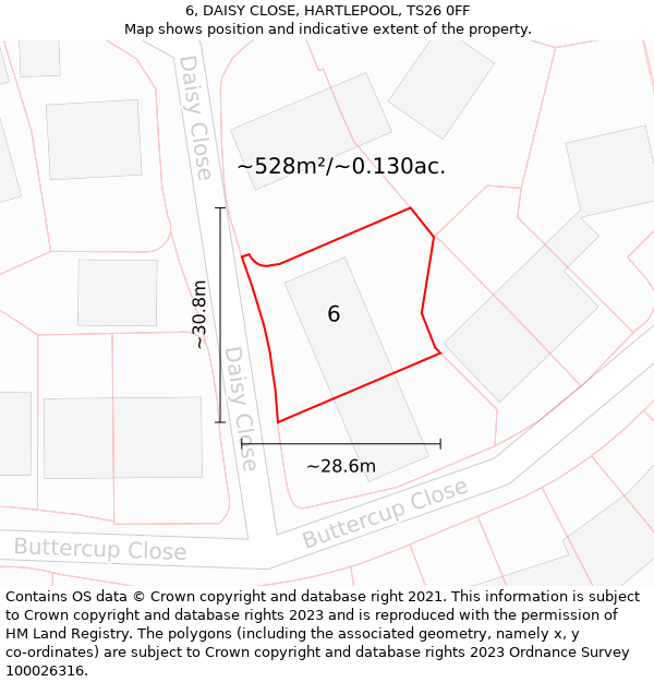 6, DAISY CLOSE, HARTLEPOOL, TS26 0FF: Plot and title map