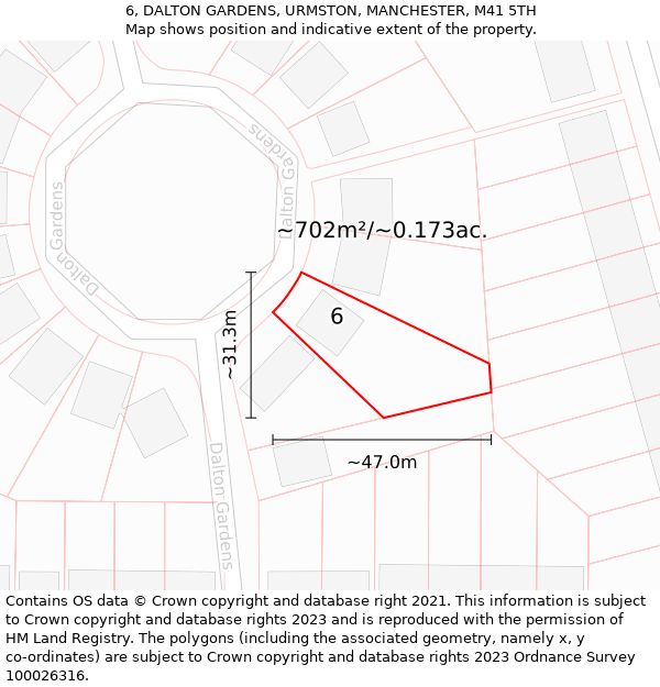 6, DALTON GARDENS, URMSTON, MANCHESTER, M41 5TH: Plot and title map