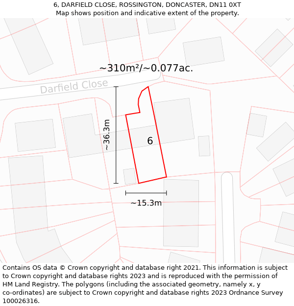 6, DARFIELD CLOSE, ROSSINGTON, DONCASTER, DN11 0XT: Plot and title map