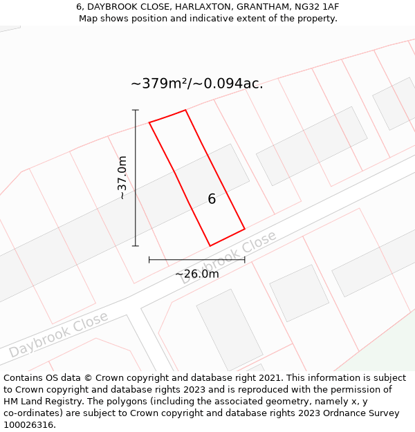 6, DAYBROOK CLOSE, HARLAXTON, GRANTHAM, NG32 1AF: Plot and title map