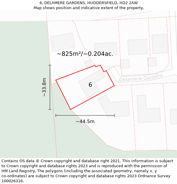 6, DELAMERE GARDENS, HUDDERSFIELD, HD2 2AW: Plot and title map