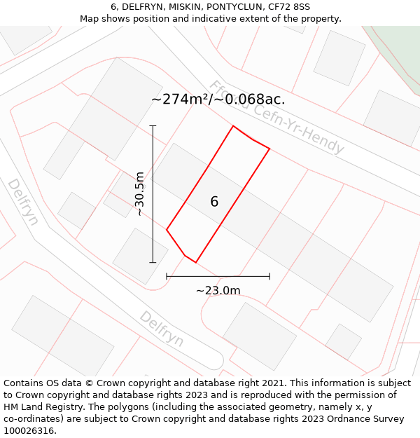 6, DELFRYN, MISKIN, PONTYCLUN, CF72 8SS: Plot and title map