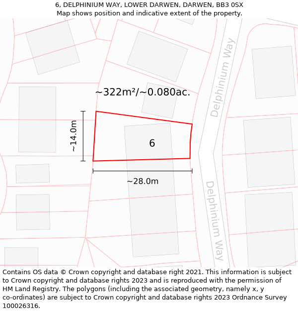 6, DELPHINIUM WAY, LOWER DARWEN, DARWEN, BB3 0SX: Plot and title map