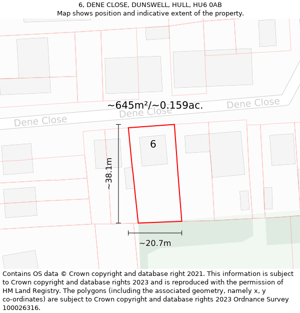6, DENE CLOSE, DUNSWELL, HULL, HU6 0AB: Plot and title map