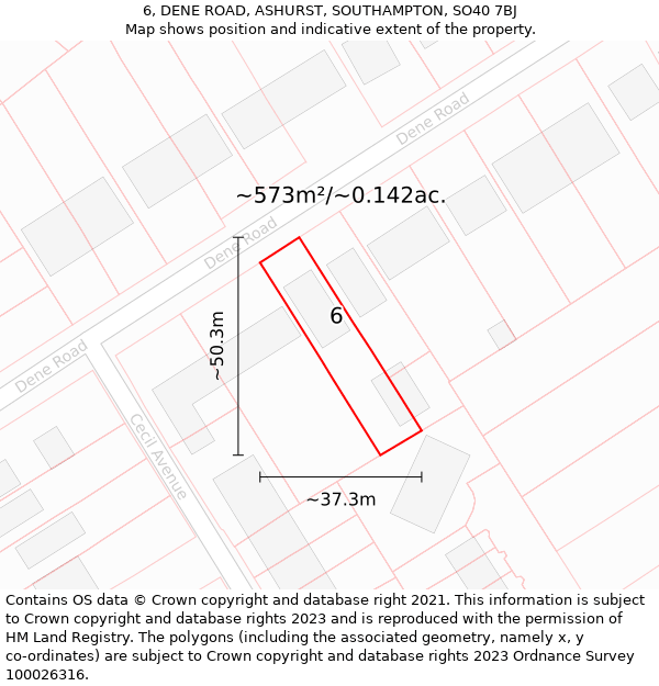 6, DENE ROAD, ASHURST, SOUTHAMPTON, SO40 7BJ: Plot and title map