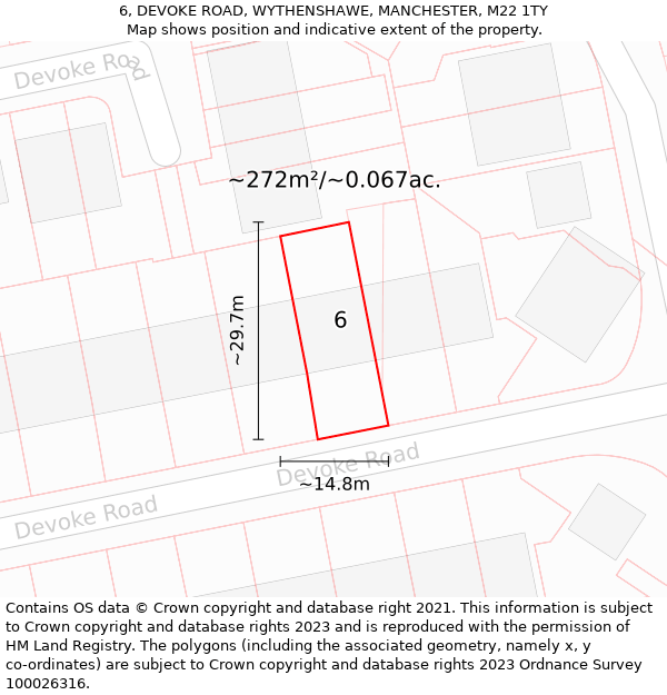 6, DEVOKE ROAD, WYTHENSHAWE, MANCHESTER, M22 1TY: Plot and title map