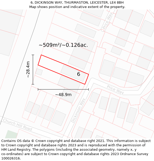 6, DICKINSON WAY, THURMASTON, LEICESTER, LE4 8BH: Plot and title map