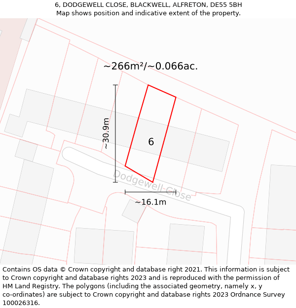 6, DODGEWELL CLOSE, BLACKWELL, ALFRETON, DE55 5BH: Plot and title map