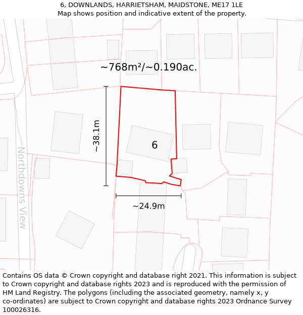 6, DOWNLANDS, HARRIETSHAM, MAIDSTONE, ME17 1LE: Plot and title map