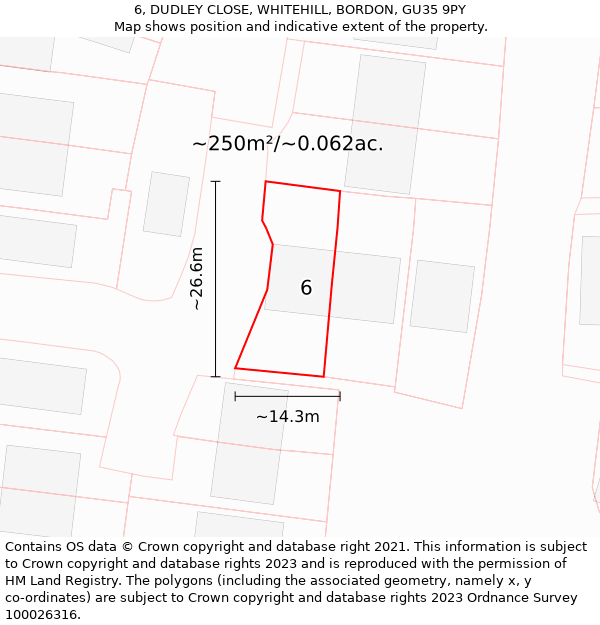 6, DUDLEY CLOSE, WHITEHILL, BORDON, GU35 9PY: Plot and title map