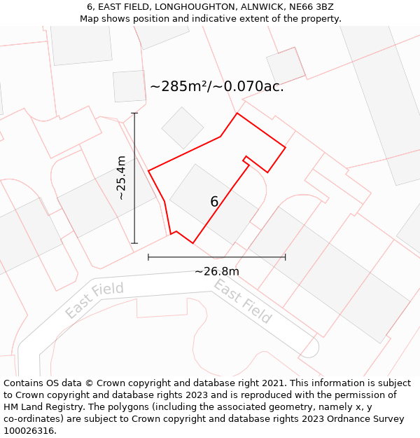 6, EAST FIELD, LONGHOUGHTON, ALNWICK, NE66 3BZ: Plot and title map