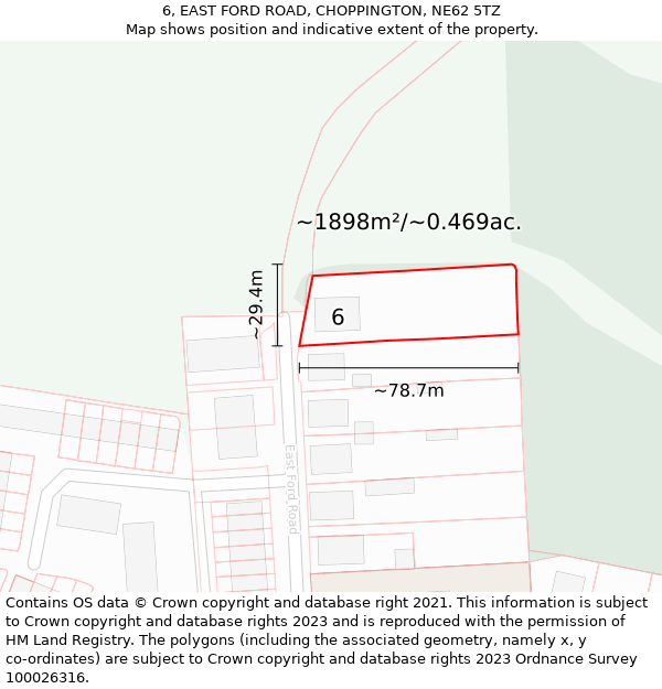 6, EAST FORD ROAD, CHOPPINGTON, NE62 5TZ: Plot and title map