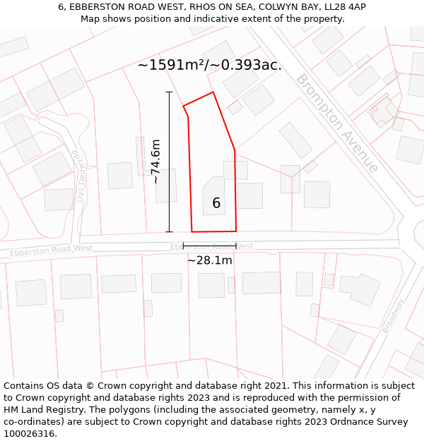 6, EBBERSTON ROAD WEST, RHOS ON SEA, COLWYN BAY, LL28 4AP: Plot and title map