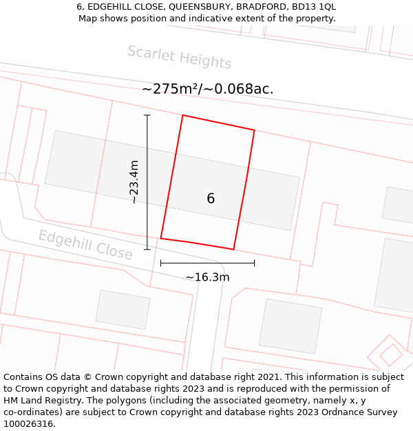 6, EDGEHILL CLOSE, QUEENSBURY, BRADFORD, BD13 1QL: Plot and title map