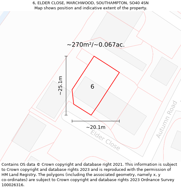 6, ELDER CLOSE, MARCHWOOD, SOUTHAMPTON, SO40 4SN: Plot and title map