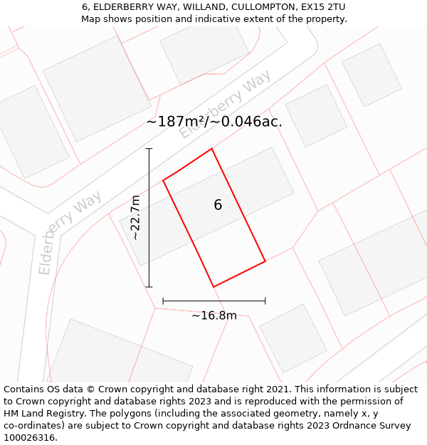 6, ELDERBERRY WAY, WILLAND, CULLOMPTON, EX15 2TU: Plot and title map