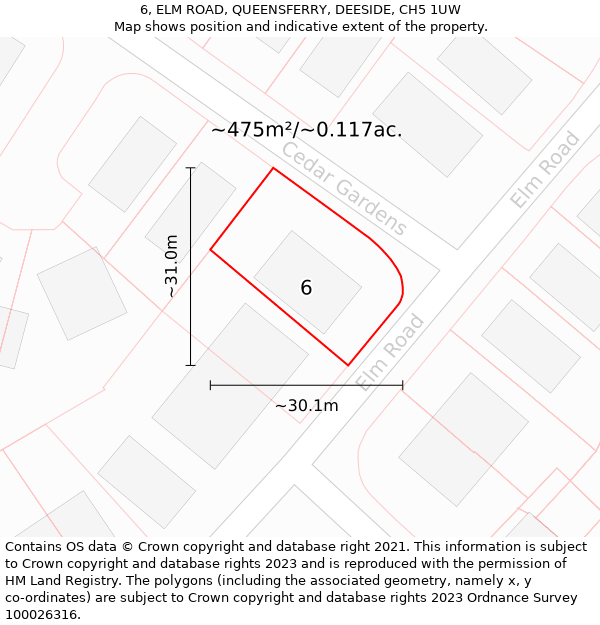 6, ELM ROAD, QUEENSFERRY, DEESIDE, CH5 1UW: Plot and title map